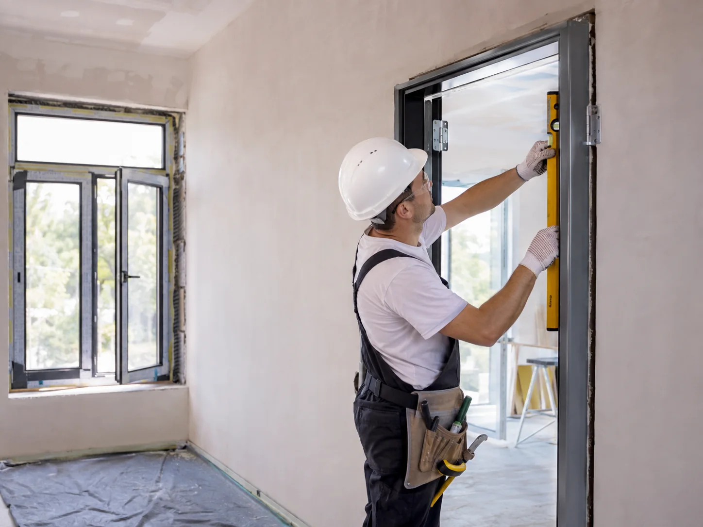 Fachgerechter Türeinbau durch Monteur mit PSA