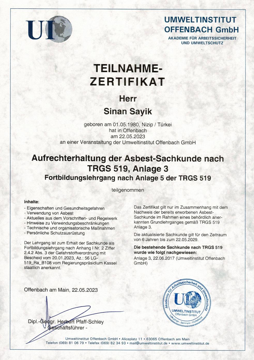 Teilnahme-Zertifikat TRGS 519 Anlage 3 – Sachkunde Asbest