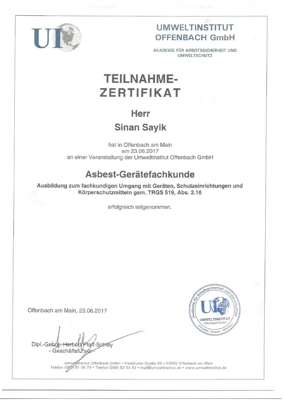 Asbest-Gerätefachkunde nach TRGS 519